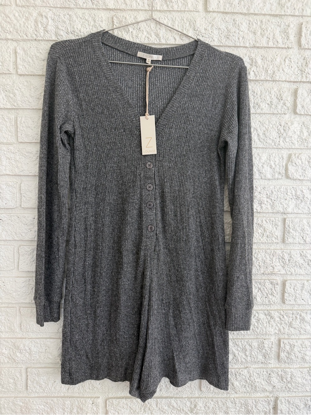 Z Supply Charcoal Ribbed V-Neck Button-Front Long Sleeve Lounge Romper